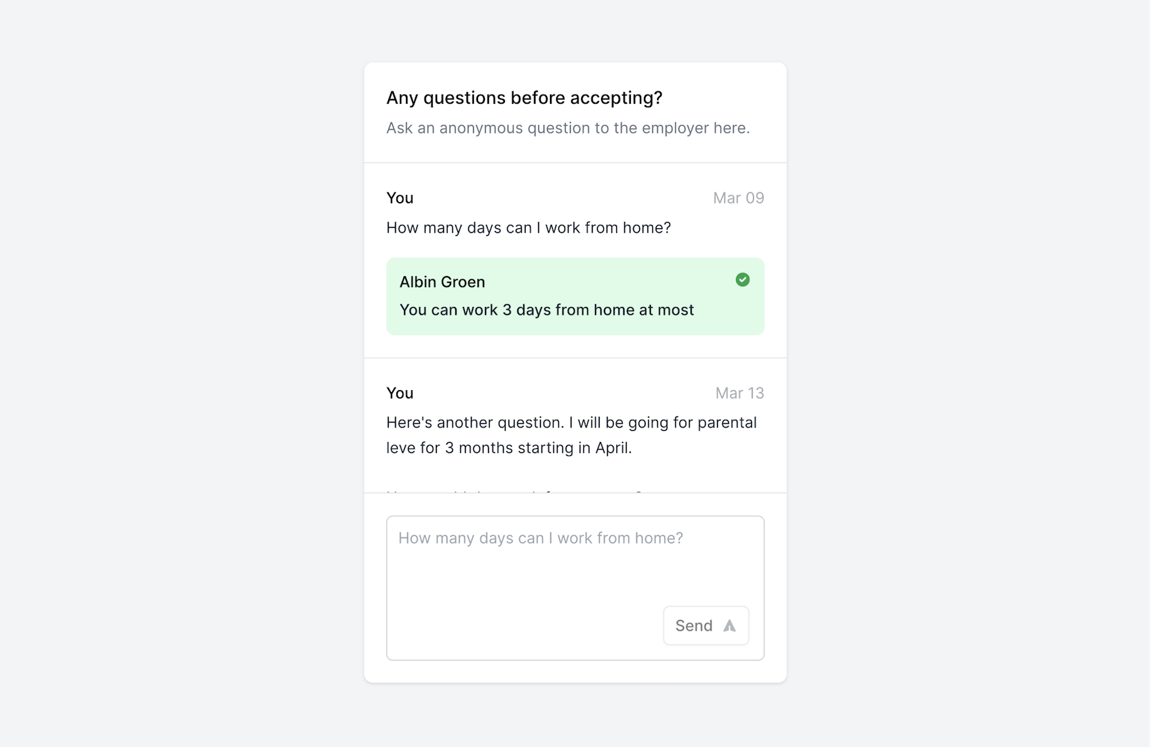 A widget with questions and answers